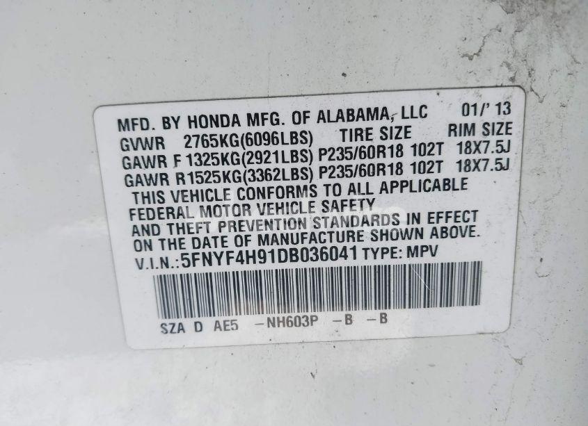 Photo 9 of 2013 Honda Pilot TOURING (VIN 5FNYF4H91DB036041)