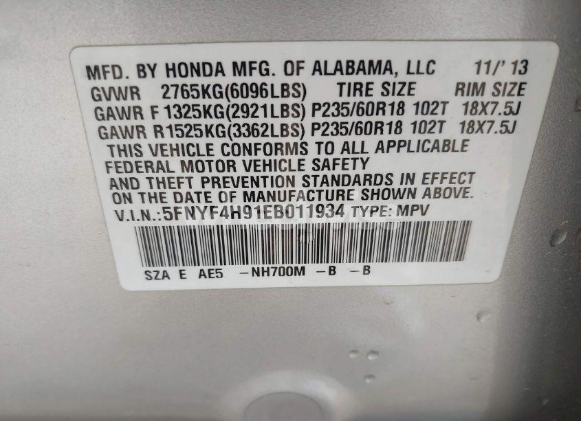 Photo 9 of 2014 Honda Pilot TOURING (VIN 5FNYF4H91EB011934)