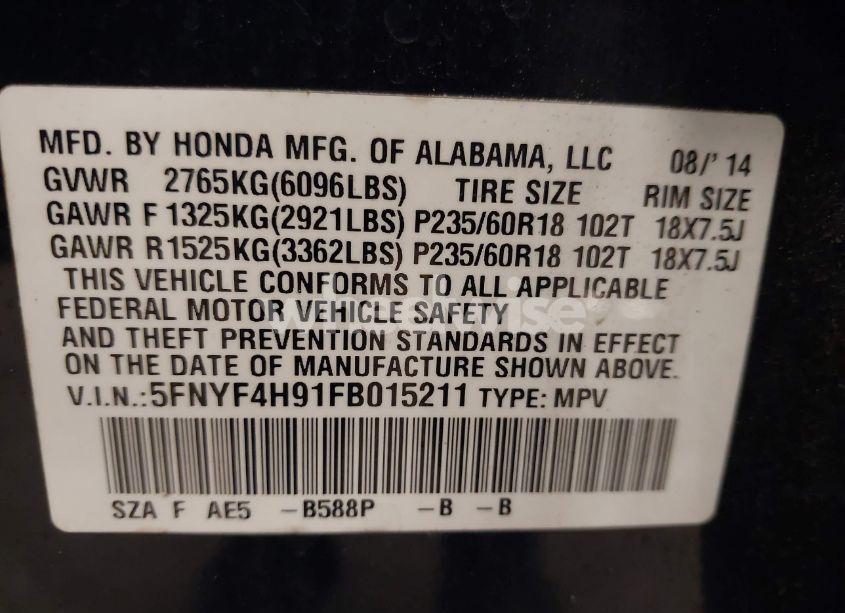Photo 9 of 2015 Honda Pilot TOURING (VIN 5FNYF4H91FB015211)