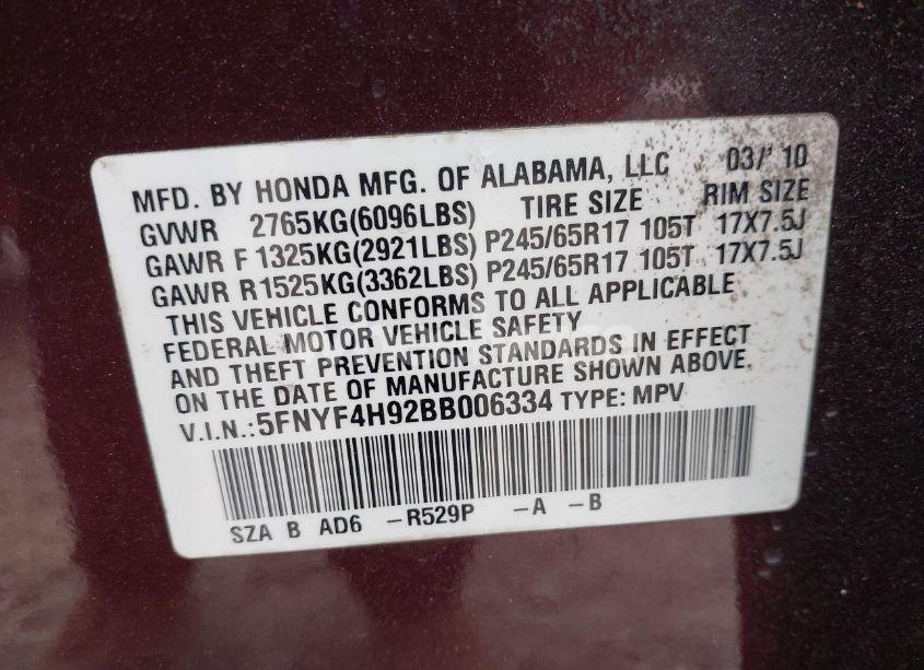 Photo 9 of 2011 Honda Pilot TOURING (VIN 5FNYF4H92BB006334)