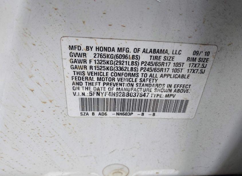 Photo 9 of 2011 Honda Pilot TOURING (VIN 5FNYF4H92BB037647)