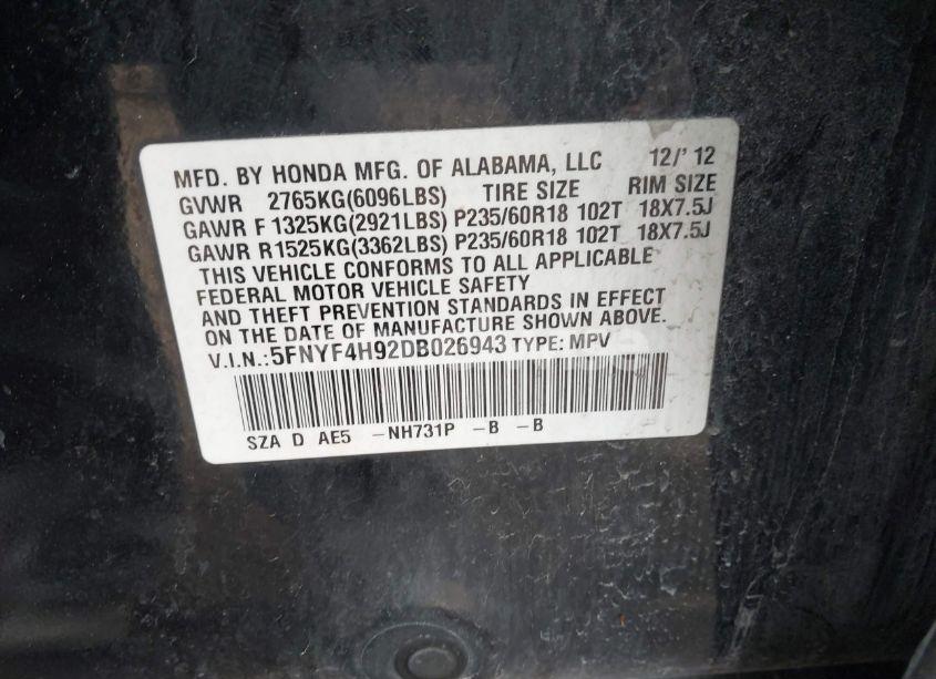 Photo 9 of 2013 Honda Pilot TOURING (VIN 5FNYF4H92DB026943)