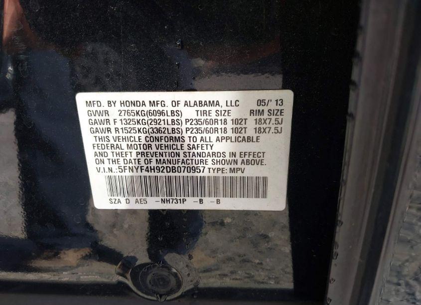 Photo 9 of 2013 Honda Pilot TOURING (VIN 5FNYF4H92DB070957)