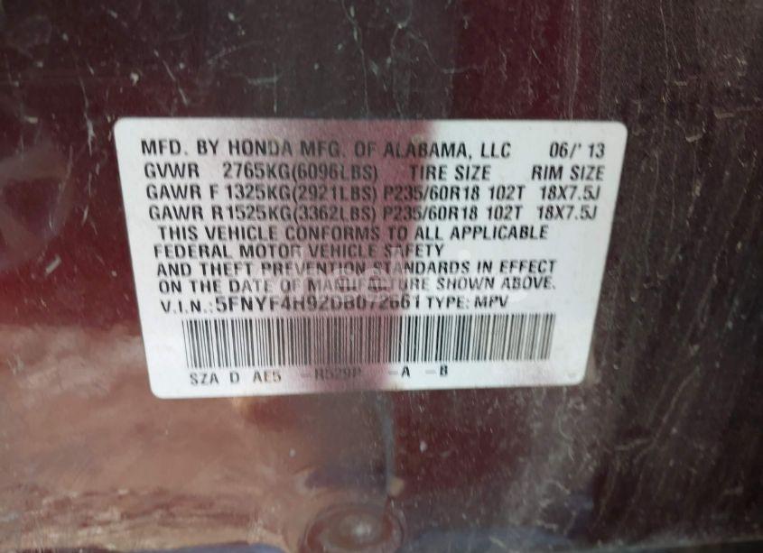 Photo 9 of 2013 Honda Pilot TOURING (VIN 5FNYF4H92DB072661)