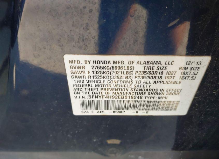 Photo 9 of 2014 Honda Pilot TOURING (VIN 5FNYF4H92EB019248)