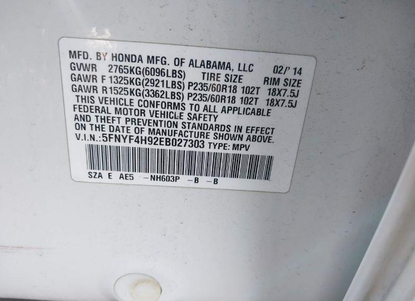 Photo 9 of 2014 Honda Pilot TOURING (VIN 5FNYF4H92EB027303)