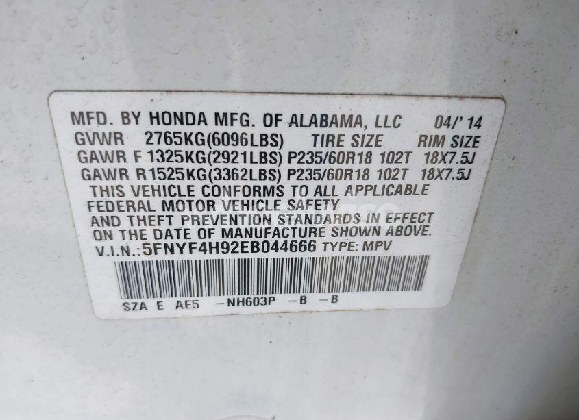 Photo 9 of 2014 Honda Pilot TOURING (VIN 5FNYF4H92EB044666)