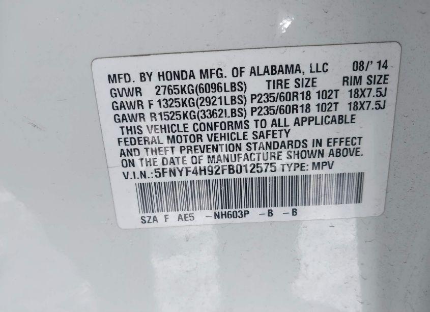 Photo 9 of 2015 Honda Pilot TOURING (VIN 5FNYF4H92FB012575)