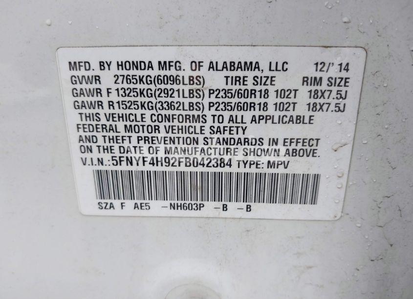 Photo 9 of 2015 Honda Pilot TOURING (VIN 5FNYF4H92FB042384)