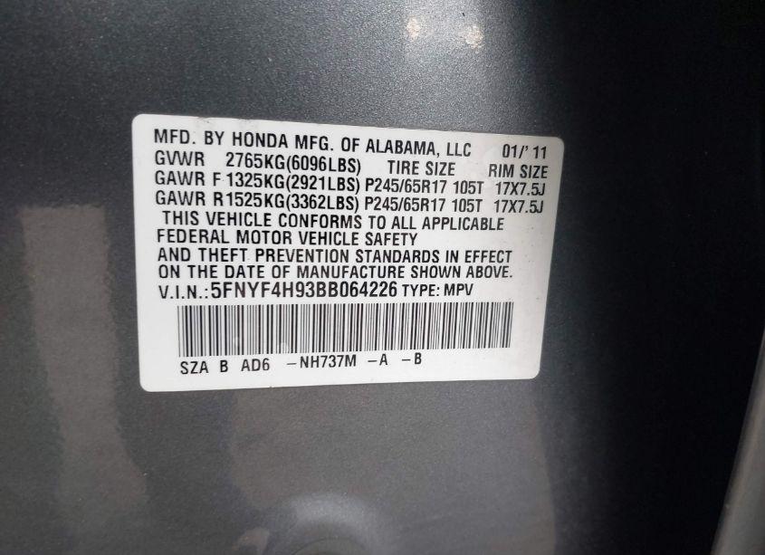 Photo 9 of 2011 Honda Pilot TOURING (VIN 5FNYF4H93BB064226)