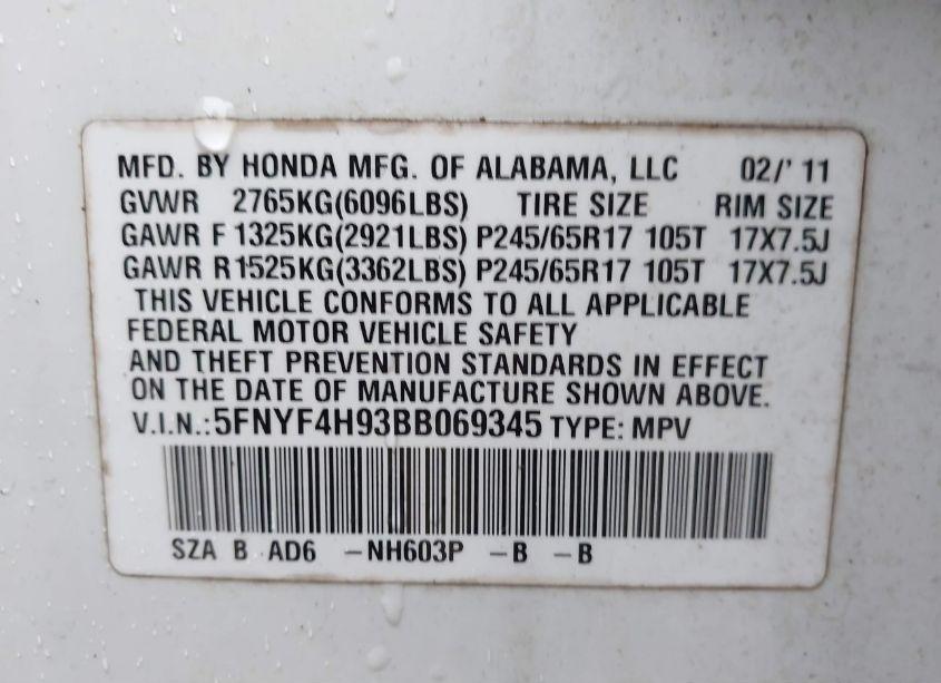 Photo 9 of 2011 Honda Pilot TOURING (VIN 5FNYF4H93BB069345)