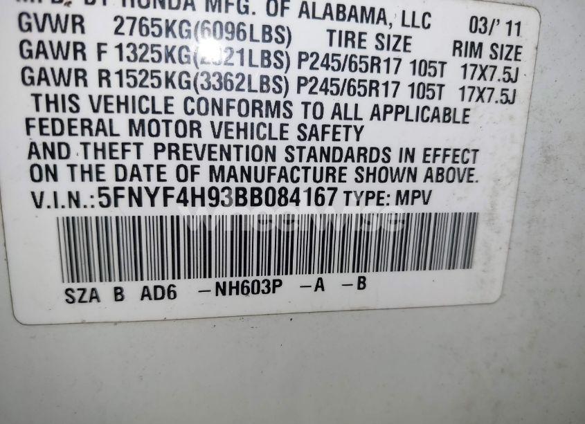 Photo 9 of 2011 Honda Pilot TOURING (VIN 5FNYF4H93BB084167)
