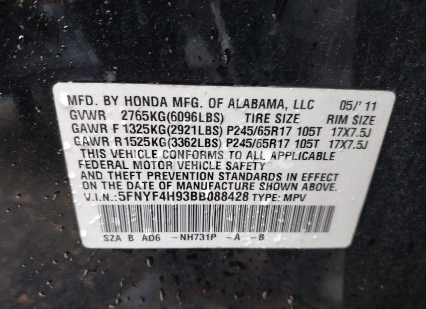 Photo 9 of 2011 Honda Pilot TOURING (VIN 5FNYF4H93BB088428)