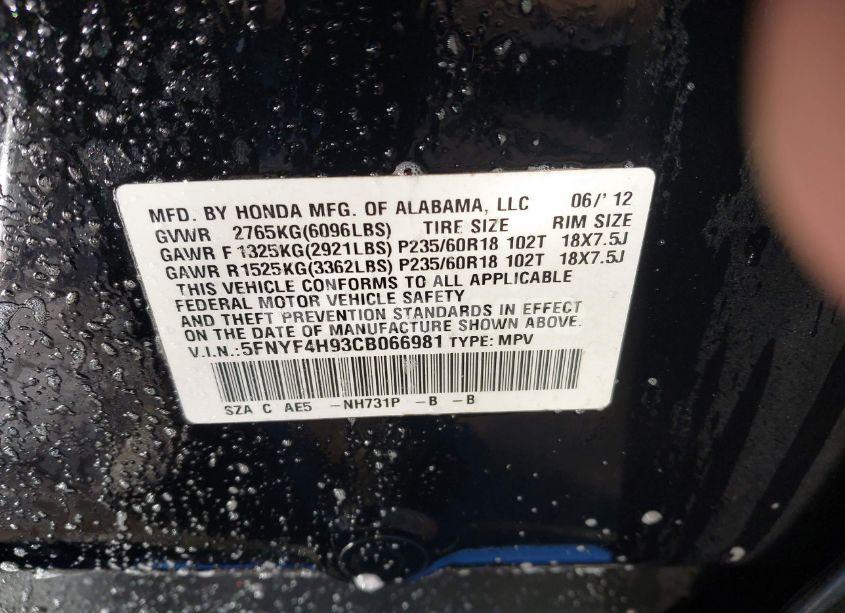 Photo 9 of 2012 Honda Pilot TOURING (VIN 5FNYF4H93CB066981)