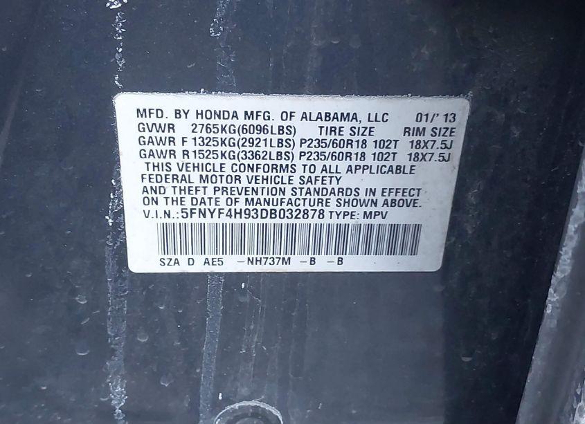 Photo 9 of 2013 Honda Pilot TOURING (VIN 5FNYF4H93DB032878)