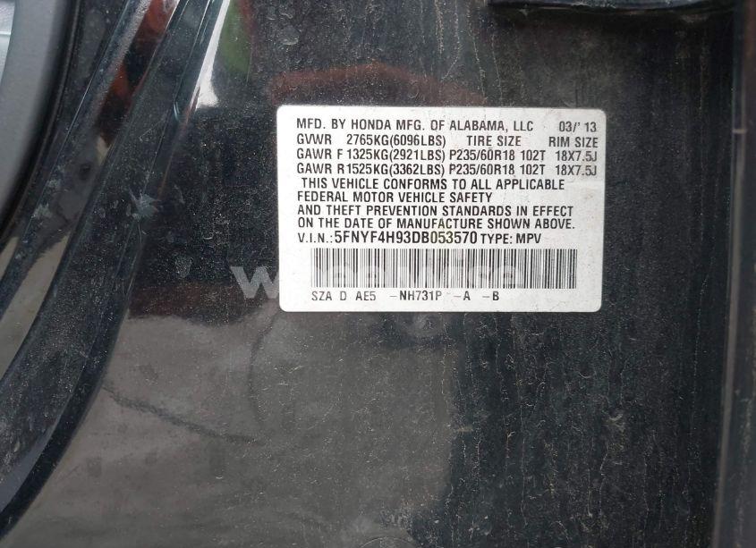 Photo 9 of 2013 Honda Pilot TOURING (VIN 5FNYF4H93DB053570)