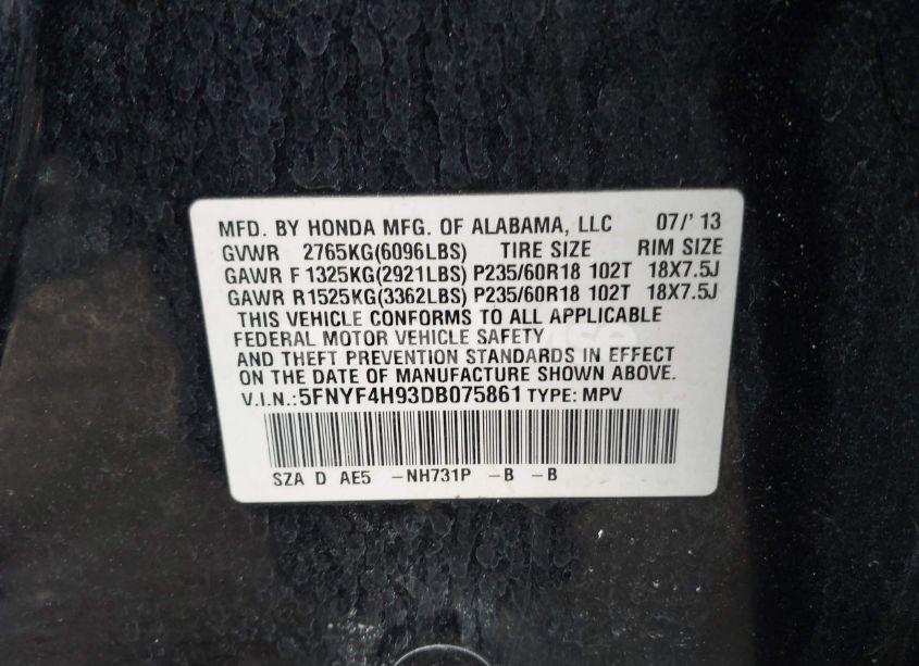 Photo 9 of 2013 Honda Pilot TOURING (VIN 5FNYF4H93DB075861)