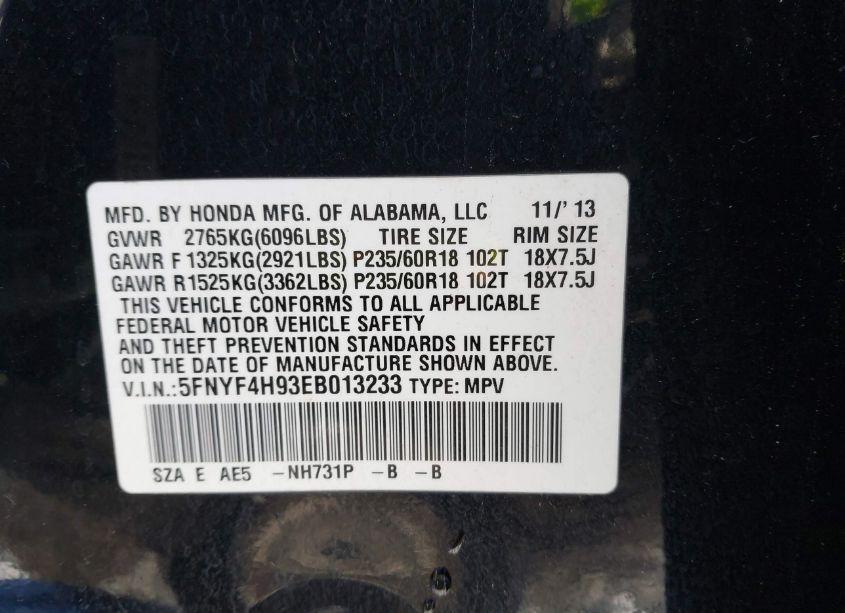 Photo 9 of 2014 Honda Pilot TOURING (VIN 5FNYF4H93EB013233)