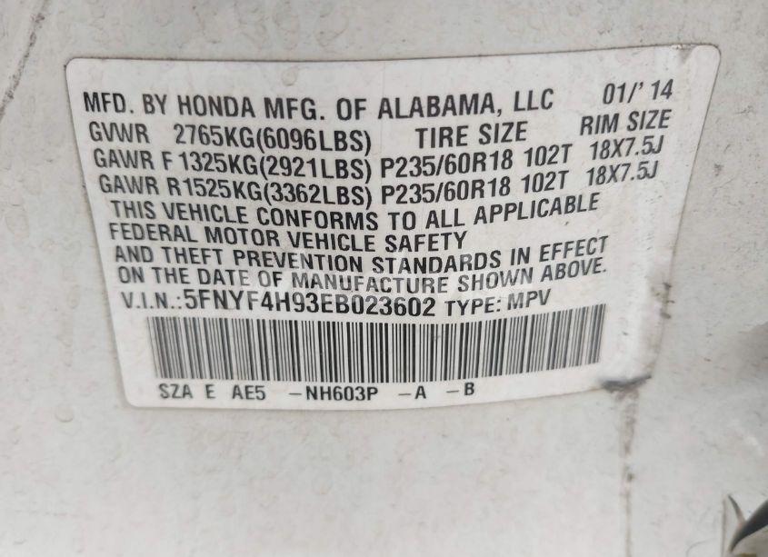 Photo 9 of 2014 Honda Pilot TOURING (VIN 5FNYF4H93EB023602)