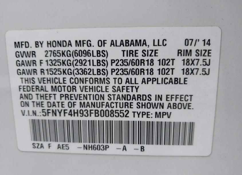Photo 9 of 2015 Honda Pilot TOURING (VIN 5FNYF4H93FB008552)