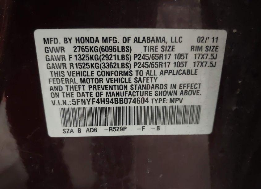 Photo 9 of 2011 Honda Pilot TOURING (VIN 5FNYF4H94BB074604)