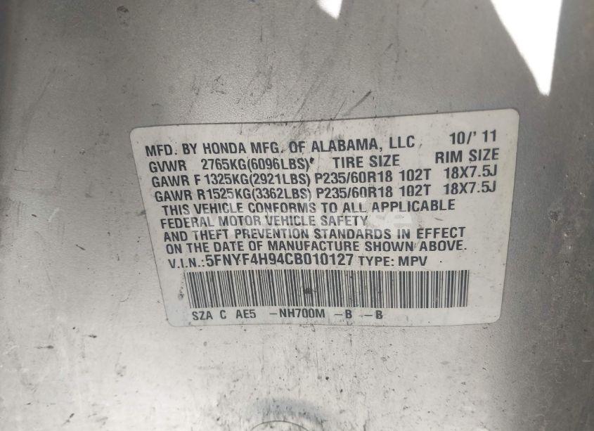 Photo 9 of 2012 Honda Pilot TOURING (VIN 5FNYF4H94CB010127)