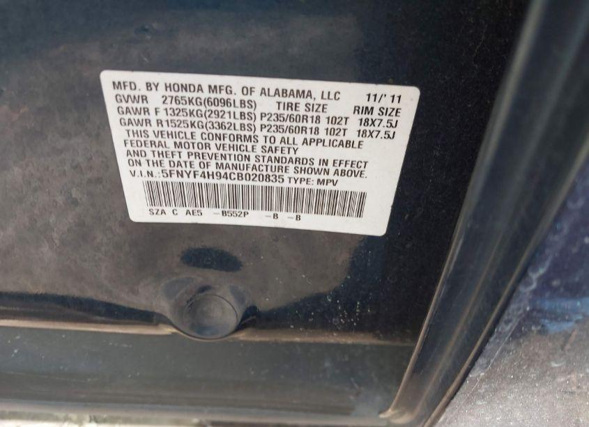 Photo 9 of 2012 Honda Pilot TOURING (VIN 5FNYF4H94CB020835)