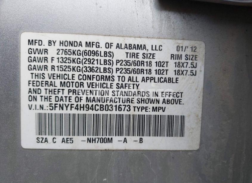 Photo 9 of 2012 Honda Pilot TOURING (VIN 5FNYF4H94CB031673)