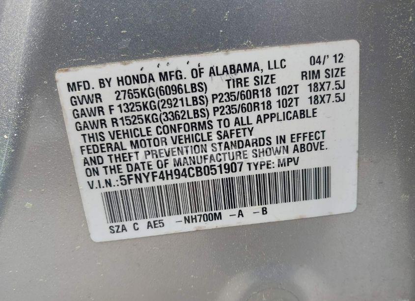 Photo 9 of 2012 Honda Pilot TOURING (VIN 5FNYF4H94CB051907)