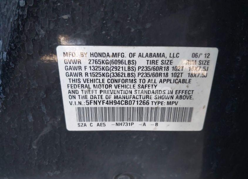 Photo 9 of 2012 Honda Pilot TOURING (VIN 5FNYF4H94CB071266)