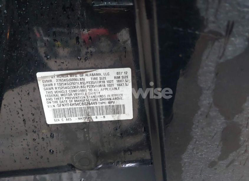 Photo 9 of 2012 Honda Pilot TOURING (VIN 5FNYF4H94CB076449)