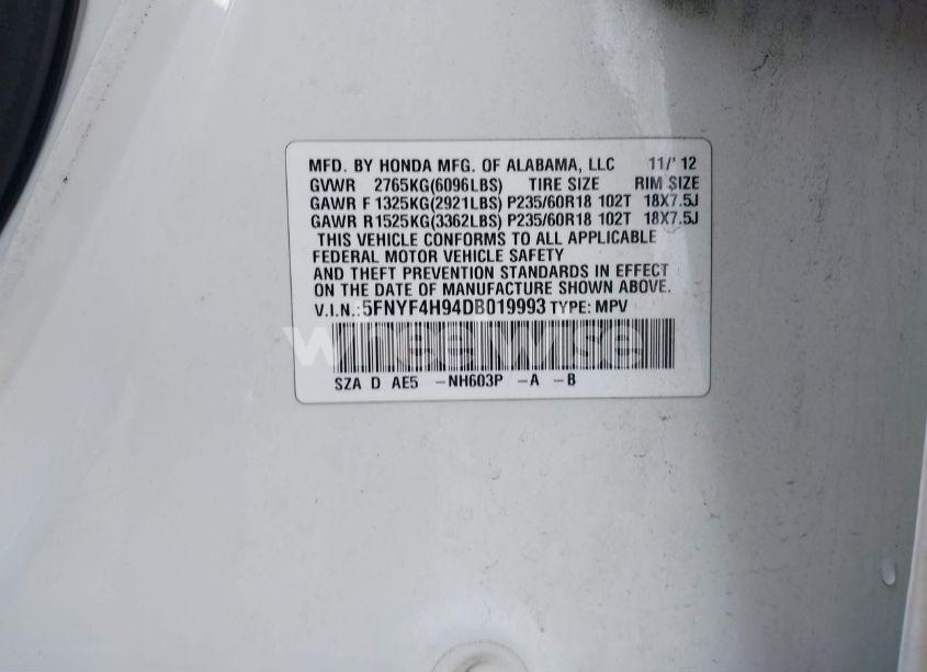 Photo 9 of 2013 Honda Pilot TOURING (VIN 5FNYF4H94DB019993)