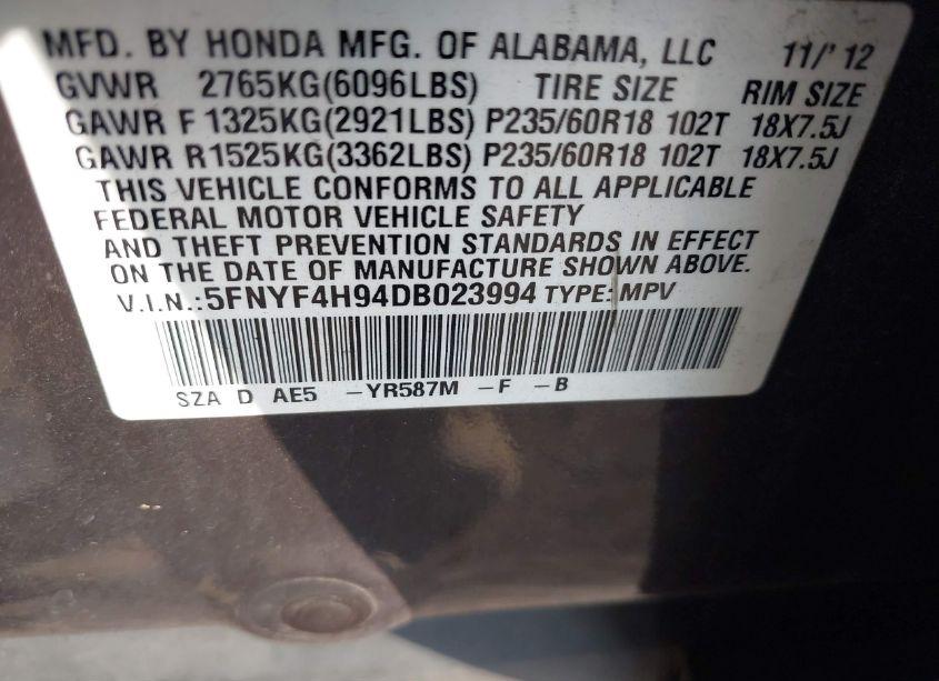 Photo 9 of 2013 Honda Pilot TOURING (VIN 5FNYF4H94DB023994)