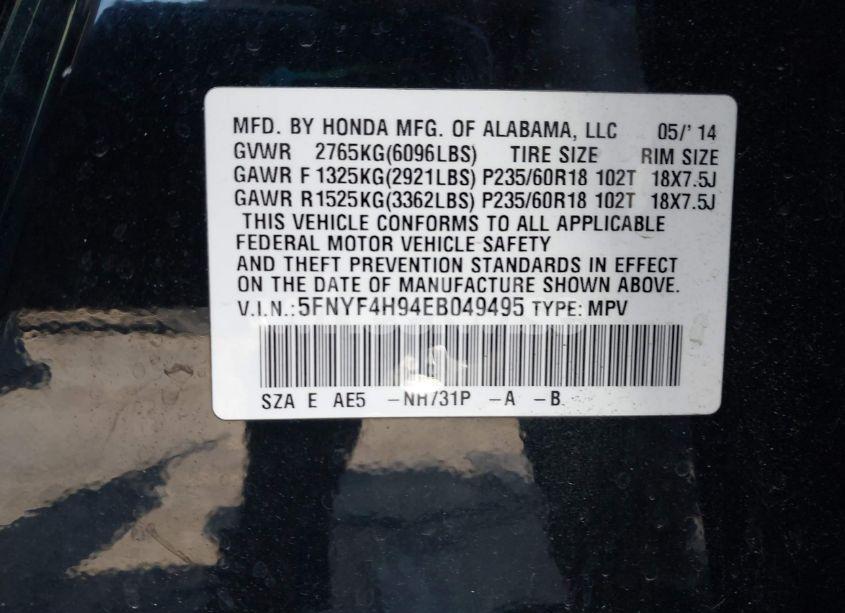 Photo 9 of 2014 Honda Pilot TOURING (VIN 5FNYF4H94EB049495)