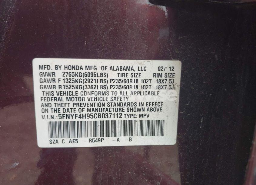 Photo 9 of 2012 Honda Pilot TOURING (VIN 5FNYF4H95CB037112)