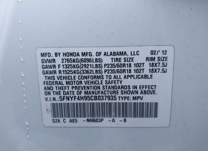 Photo 9 of 2012 Honda Pilot TOURING (VIN 5FNYF4H95CB037935)