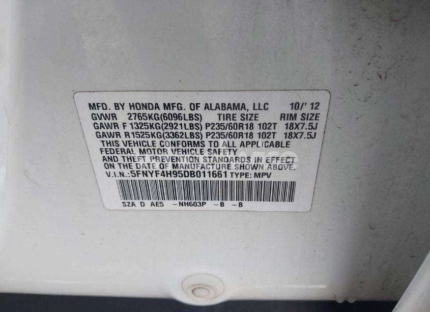 Photo 9 of 2013 Honda Pilot TOURING (VIN 5FNYF4H95DB011661)