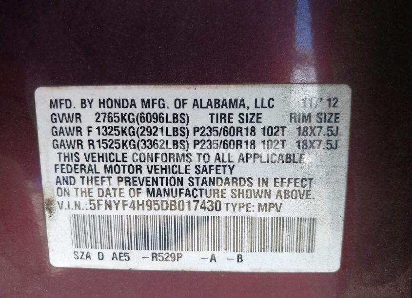 Photo 9 of 2013 Honda Pilot TOURING (VIN 5FNYF4H95DB017430)