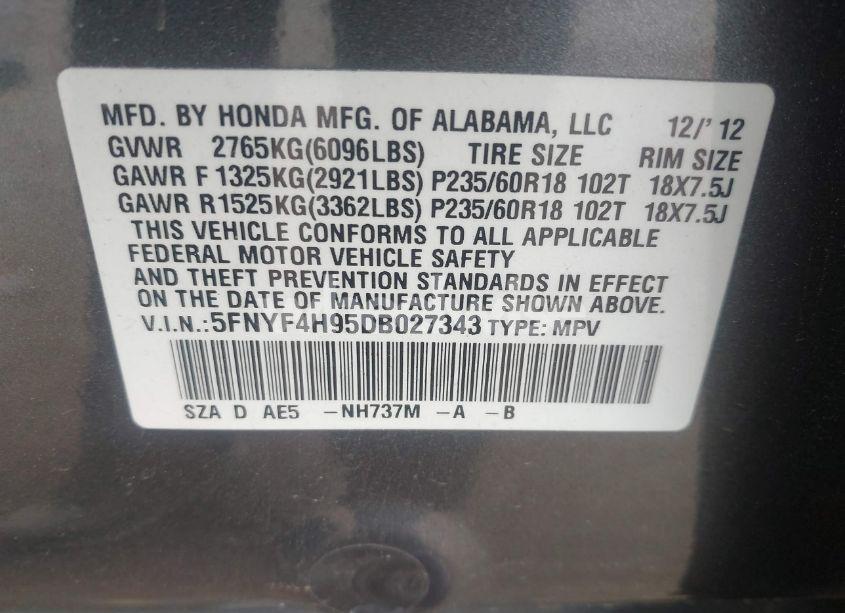 Photo 9 of 2013 Honda Pilot TOURING (VIN 5FNYF4H95DB027343)