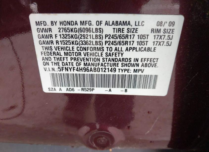 Photo 9 of 2010 Honda Pilot TOURING (VIN 5FNYF4H96AB012149)