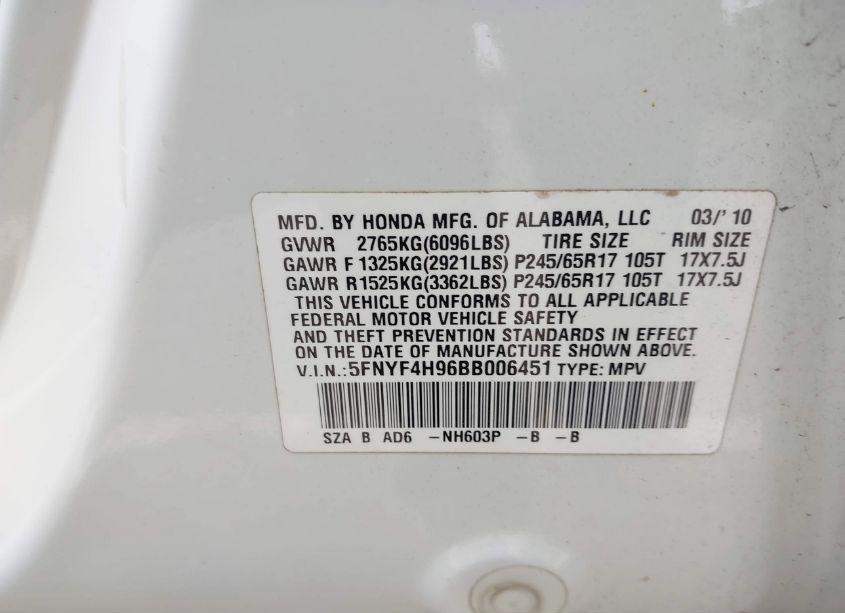 Photo 9 of 2011 Honda Pilot TOURING (VIN 5FNYF4H96BB006451)