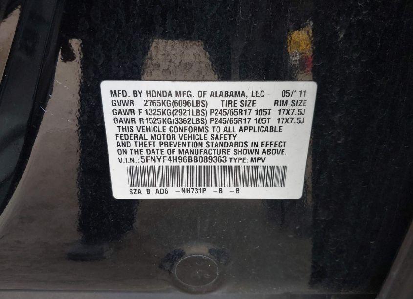 Photo 9 of 2011 Honda Pilot TOURING (VIN 5FNYF4H96BB089363)