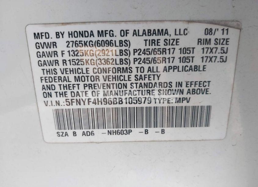 Photo 9 of 2011 Honda Pilot TOURING (VIN 5FNYF4H96BB105979)