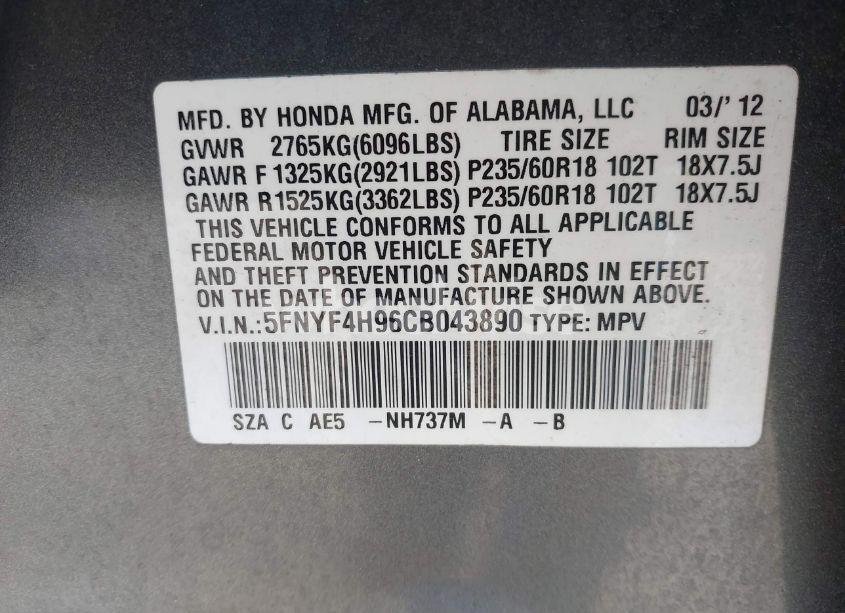 Photo 9 of 2012 Honda Pilot TOURING (VIN 5FNYF4H96CB043890)