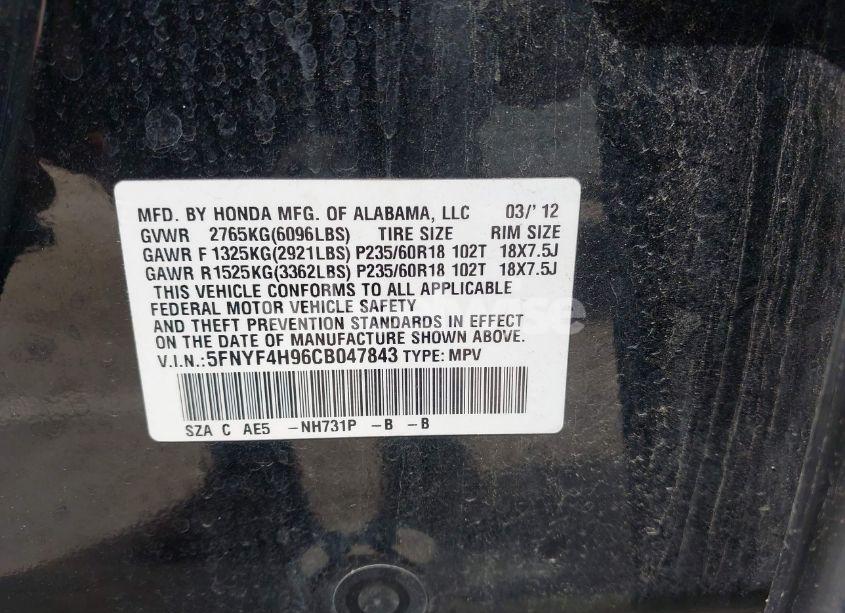 Photo 9 of 2012 Honda Pilot TOURING (VIN 5FNYF4H96CB047843)