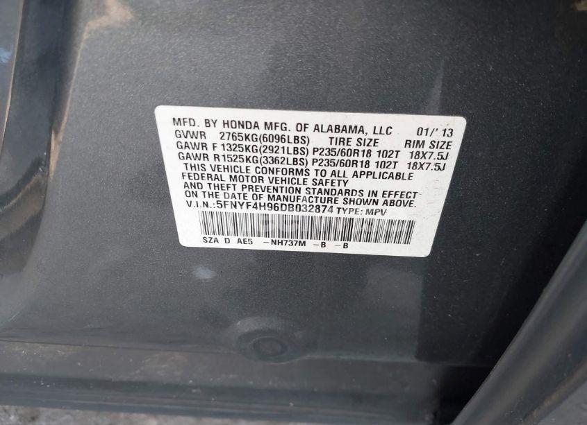 Photo 9 of 2013 Honda Pilot TOURING (VIN 5FNYF4H96DB032874)