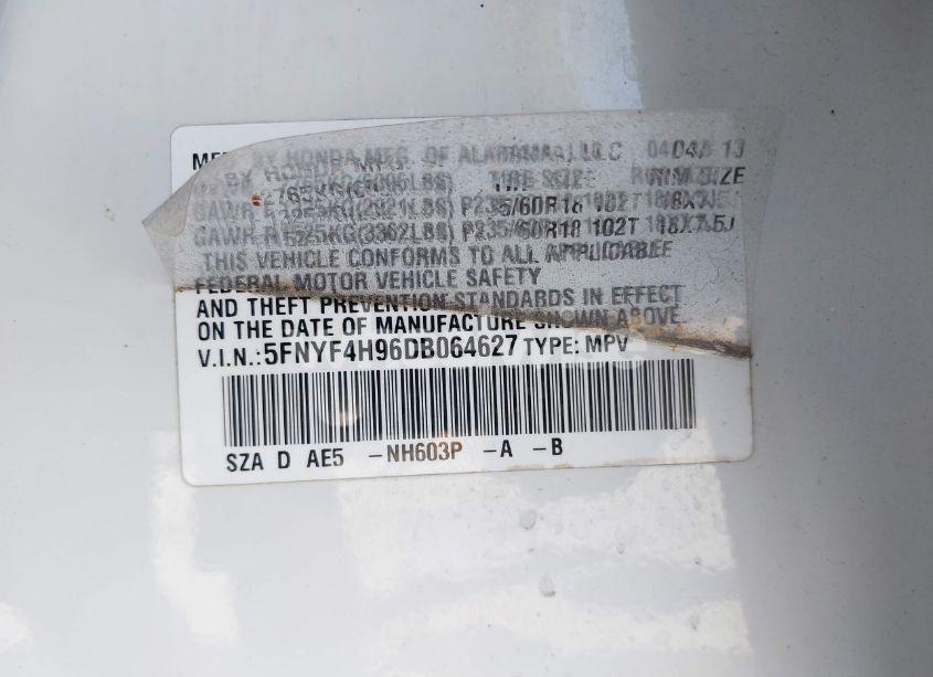 Photo 9 of 2013 Honda Pilot TOURING (VIN 5FNYF4H96DB064627)