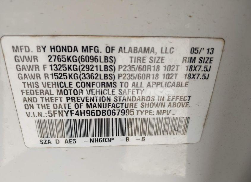 Photo 9 of 2013 Honda Pilot TOURING (VIN 5FNYF4H96DB067995)