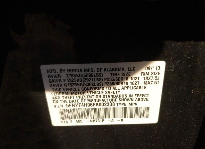 Photo 9 of 2014 Honda Pilot TOURING (VIN 5FNYF4H96EB002338)