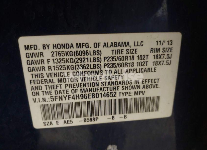 Photo 9 of 2014 Honda Pilot TOURING (VIN 5FNYF4H96EB014652)